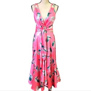 Ever After Pink/Green Multi-Color Floral Silk Sleeveless Flowy Maxi Dress,Medium